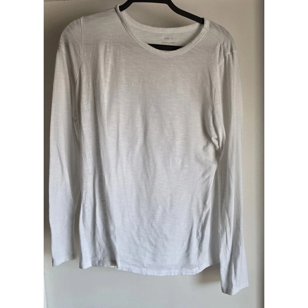 Banana Republic Women Long Sleeve T-Shirt Size L White Crew Neck Cotton Tee Top